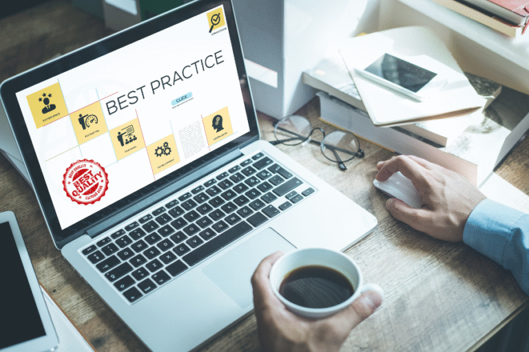 Laptop screen displaying "BEST PRACTICE" interface with icons and a "BEST QUALITY" stamp, with a person using a computer mouse and holding a coffee cup.