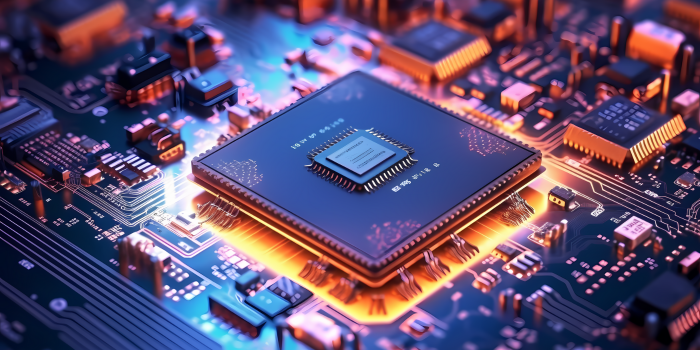 High-tech processor surrounded by electronic components on a blue circuit board.